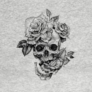 Black and White ink drawing Skull With Roses T-Shirt